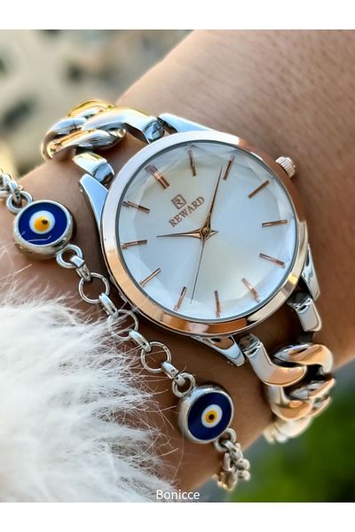 Reward Rose/Silver Colored Steel Cord Waterproof Women's Wristwatch and Bracelet - 2 Years Warranty