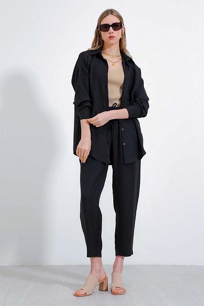 hazelin Women's Black Linen Shirt Trousers Bottom-Top Double Set HZL23W-BD166221