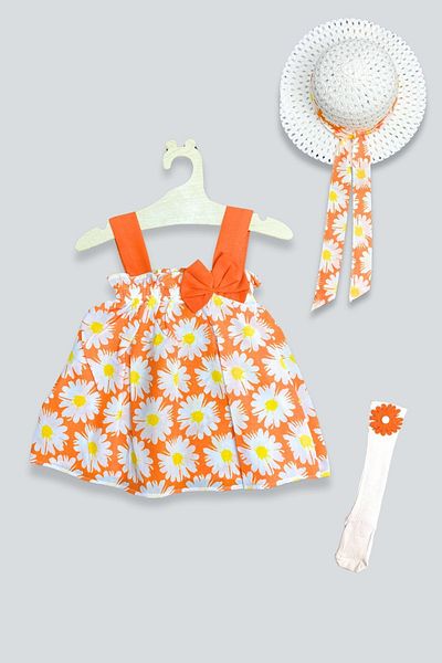 ADABEBEK Orange Floral Patterned Dress with Hat