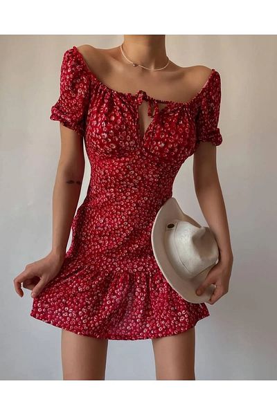 NEW JOURNAL Red Floral Patterned Pleated Women's Mini Dress