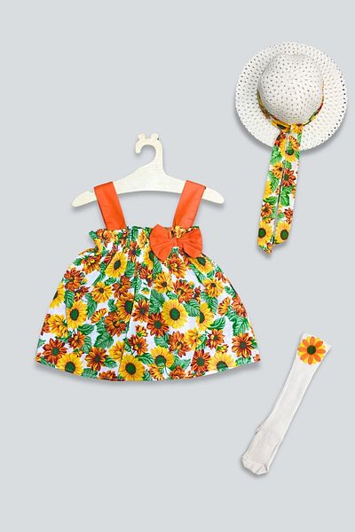 ADABEBEK Sunflower Patterned Orange Dress and Socks Set