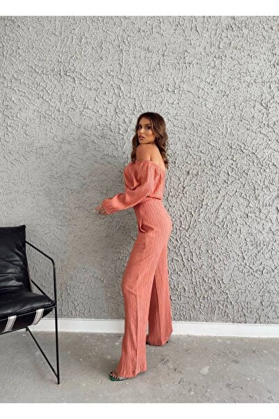 FASHION COCKTAIL Düşük Omuz Yazlık Lastikli Bohem Sahil Pantolon Krop Göbek Açık Kadın Takım