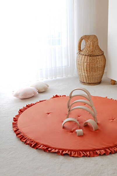 Dear Deer Love Oyun Halısı, Yuvarlak Oyun Matı, Fırfırlı Oyun Minderi, Kiremit