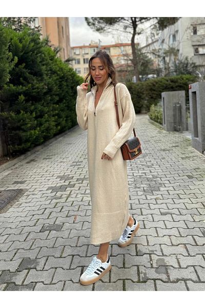 buqre's moda Φαρδύ μίντι πλεκτό φόρεμα με γιακά με φερμουάρ - μακρυμάνικο μοντέρνο βασικό