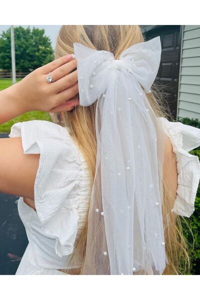 ecrin tuhafiye hobi İncili Tül Fiyonk Gelin Saç Aksesuarı Dış Çekim Nikah Tokası