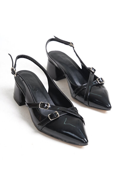 LUNA FLOWER Piele Lacuita Neagra - Pantofi de dama cu toc gros de 4 cm cu cat...