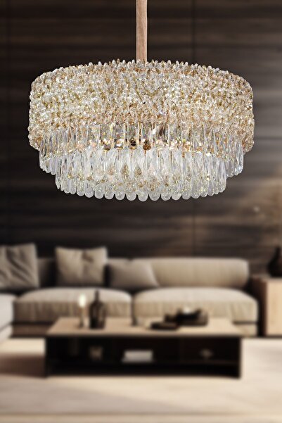 Apliqa Liana 60 Lik Gold Kaplamalı Büyük Modern Tasarım Salon Kristal Sarkıt ...
