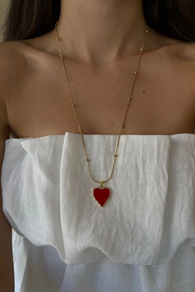 Okko Store Çelik Kırmızı Mineli Kalp Kolye