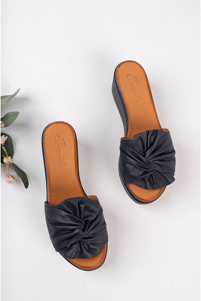 ERNİLA Genuine Leather Wedge Heel Bow Slippers