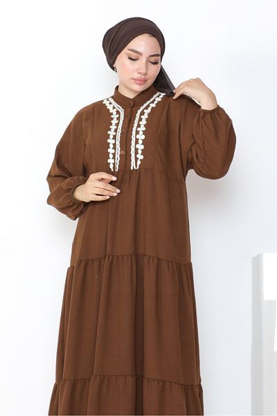 Bestenur Ayrobin besticktes Fledermausärmelkleid – Braun 1056