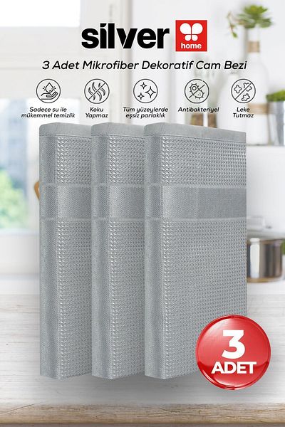 SİLVER HOME Silver Home 3-Piece Microfiber Decorative Glass Cloth Gray 40X40 cm