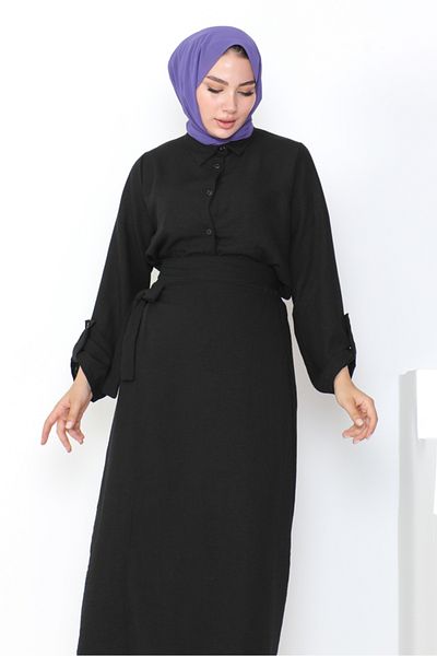 Bestenur Linen Double Set Shirt and Skirt - Black 1036