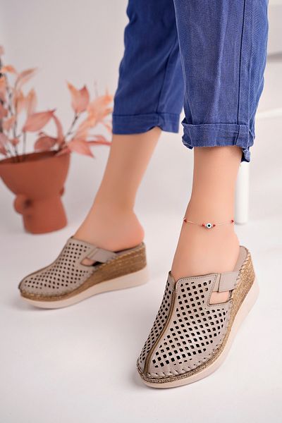 Akgün Terlik Genuine Leather Stone Filling - Soft Sole Women's Heeled Slippers