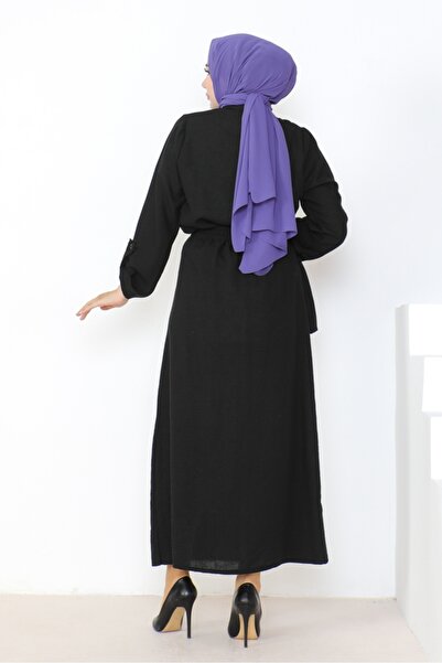 Bestenur Linen Double Set Shirt and Skirt - Black 1036