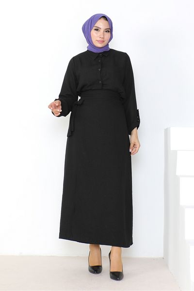 Bestenur Linen Double Set Shirt and Skirt - Black 1036