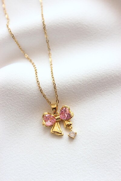 Dazzlecave 316L Paslanmaz Çelik Kolye - Zirkon Taşlı Pembe Kurdele Çelik Koly...