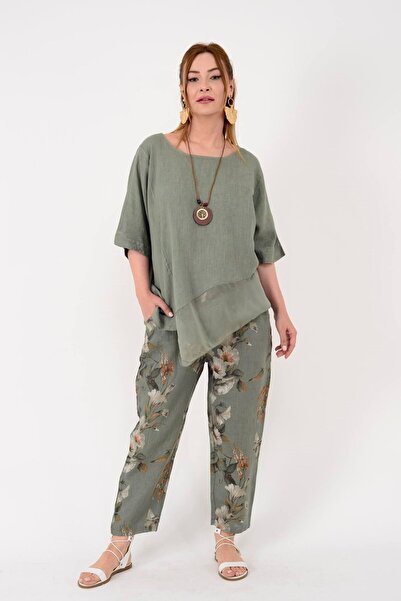 Genel Markalar Spring Kemer Detaylı Çiçek Desen Havuç Keten Pantolon