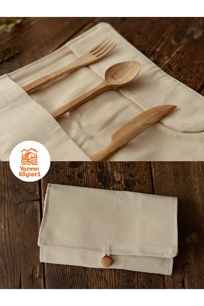 Las Vivas Kids Olive Wood Camping Set - Wooden Fork, Knife and Spoon, Wooden Breakfast with Linen Bag
