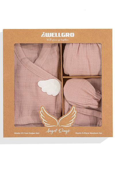 Wellgro Angel Wings Muslin 5-Piece Newborn Set-pink