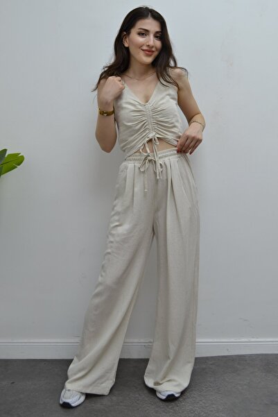 CurcunaShop Kadın Yandan Fermuarlı Önü Büzgülü Keten Bluz