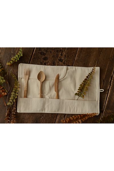 Las Vivas Kids Olive Wood Camping Set - Wooden Fork, Knife and Spoon, Wooden Breakfast with Linen Bag
