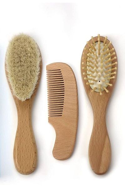 GÜLEN BEBE20 100% Goat Hair Natural Baby Hair Brush and Natural Wooden Comb Set of 3