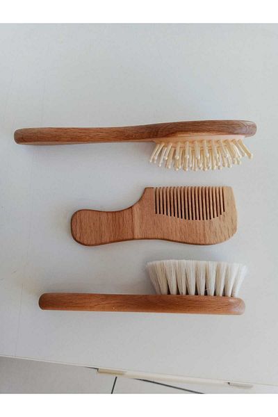 GÜLEN BEBE20 100% Goat Hair Natural Baby Hair Brush and Natural Wooden Comb Set of 3