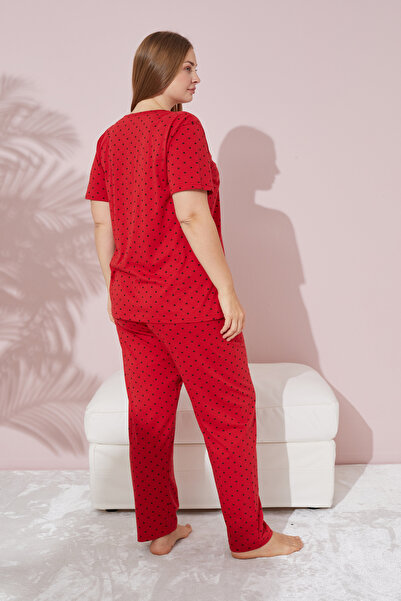 Siyah İnci Nagy méretű piros pontmintás kötött pamut pizsama szett