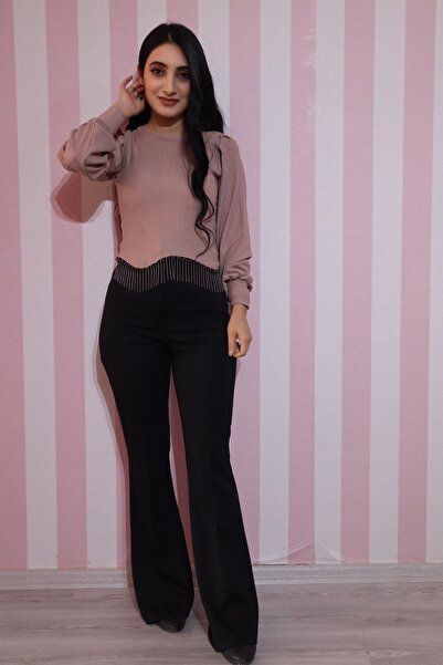 EGELİMODA Long Sleeve Mink Crop Blouse - Chain Detail