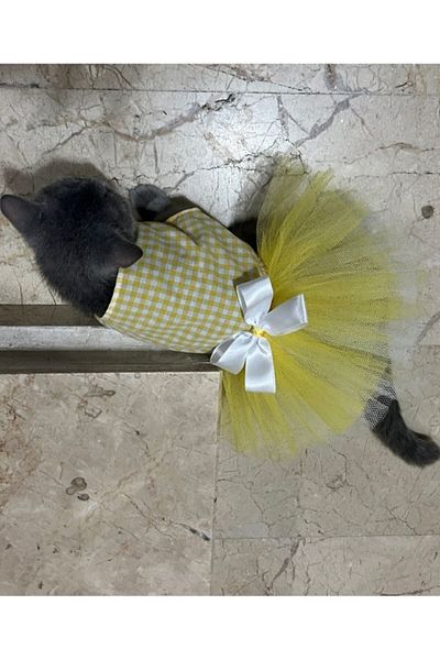 Gobo Apparel Dress - Yellow, White, Checkered Tulle and Bow Cat Dog
