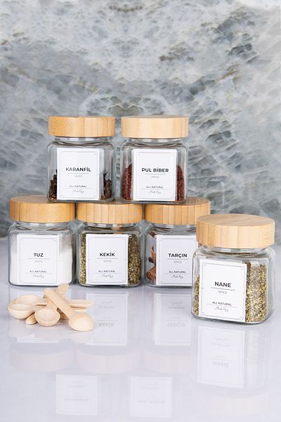 MODA OZY 300 ml Capacity Bamboo Jar and Mini Spice Set - 6 Pieces with Labels and Spoons
