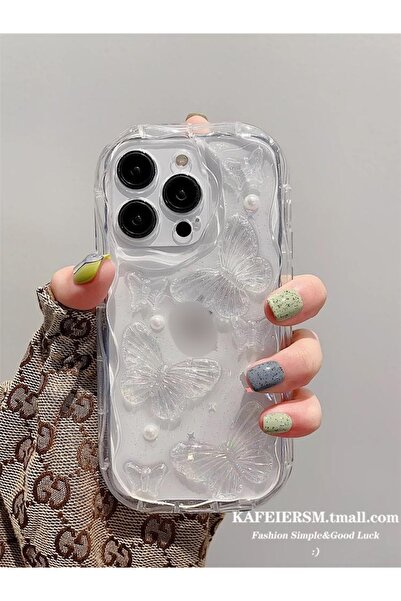 HYPERSOFT غطاء حماية شفاف لامع لهاتف آيفون 15 برو متوافق مع نمط الفراشة ولؤلؤ...