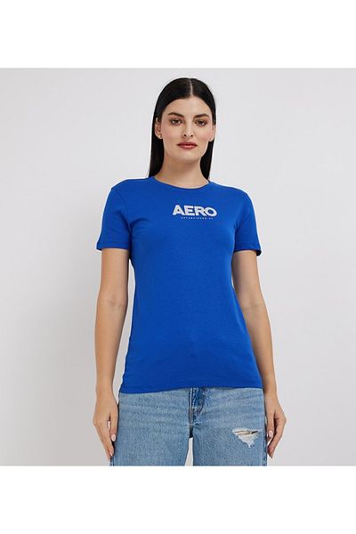 Aeropostale تي شيرت نسائي بأكمام قصيرة وياقة دائرية وطبعة نصية باللون الأزرق