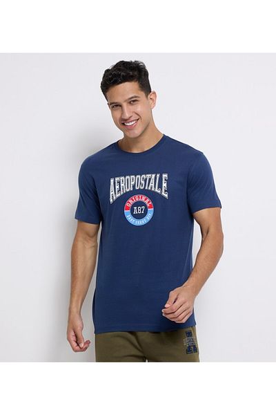 Aeropostale Men's Blue Text Printed Crew Neck Short Sleeve T-Shirt