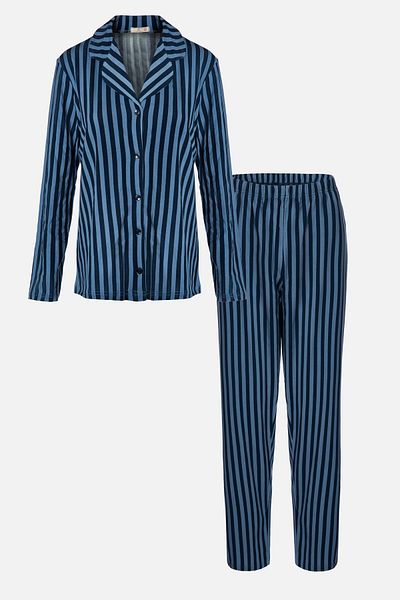 koza iç giyim Set de pijama de damă, cu dungi albastre, din bumbac, cu guler de cămașă