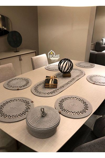 HomeTurko 6 Piece Plates, 1 Piece Runner, 1 Piece Basket Set, Jute Plate, Placemat, Plate Coaster, Bread Basket