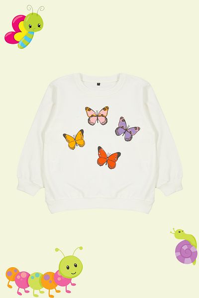TRENDYOLKIDS Ecru*003 Girl's Thin Butterfly Patterned Seasonal Knitted Sweatshirt - Crew Neck Tkdaw25sw00001