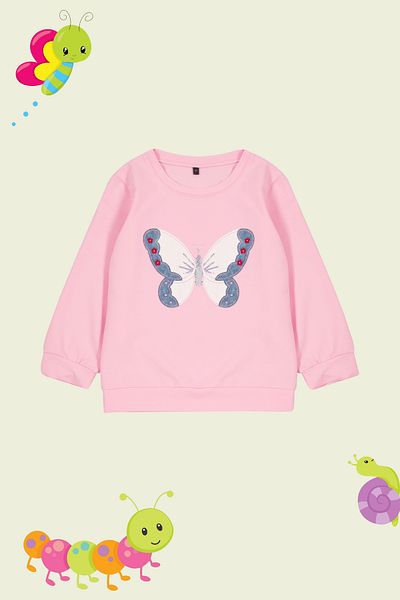 TRENDYOLKIDS Girl's Pink Thin Butterfly Patterned Seasonal Knitted Sweatshirt - Tkdaw25sw00001
