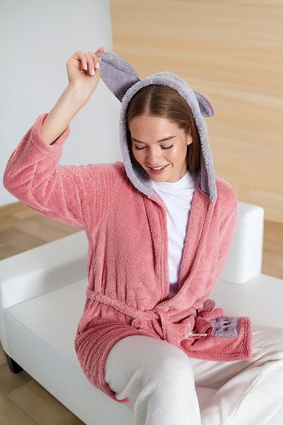 Trendyol Collection Wellsoft Winter Knitted Dressing Gown - Powder Belted, Animal Figure Hooded Thmaw22Sb0008