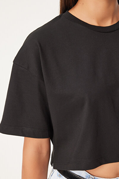 Happiness İstanbul Černé tričko Cotton Crop - Oversize, BP00164