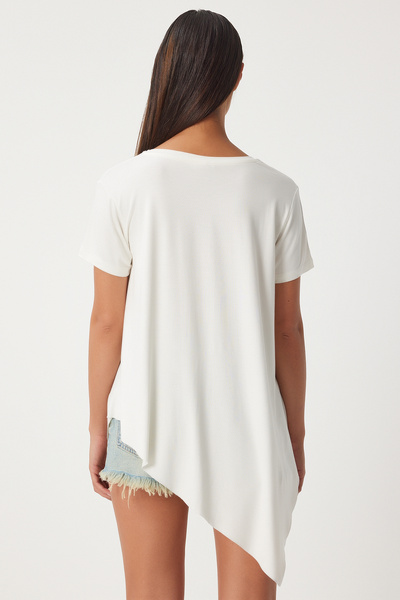 Happiness İstanbul White Asymmetrical Viscose Women's T-shirt - En00599