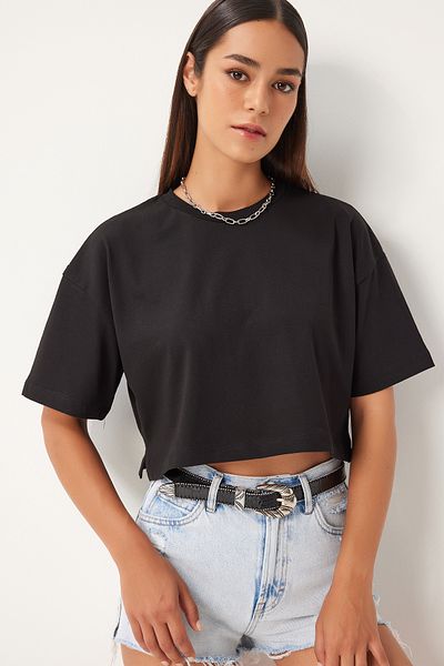 Happiness İstanbul Černé tričko Cotton Crop - Oversize, BP00164