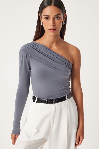 Happiness İstanbul Women's Gray Single Shoulder Gather Detailed Knitted Blouse ZH00032