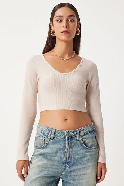 Happiness İstanbul Μπεζ Crop Μπλούζα - V-Neck, UB00171