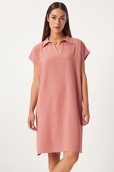 Happiness İstanbul Polo Collar Dusty Rose Λινό Φόρεμα - Summer Loose Μοντέλο TO00138