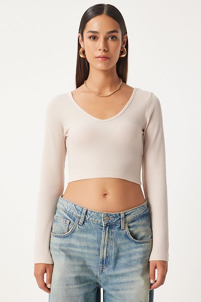 Happiness İstanbul Μπεζ Crop Μπλούζα - V-Neck, UB00171