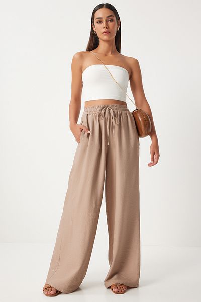 Happiness İstanbul Beigefarbene Damenhose - Weites Bein, Bequem Ayrobin DP00206
