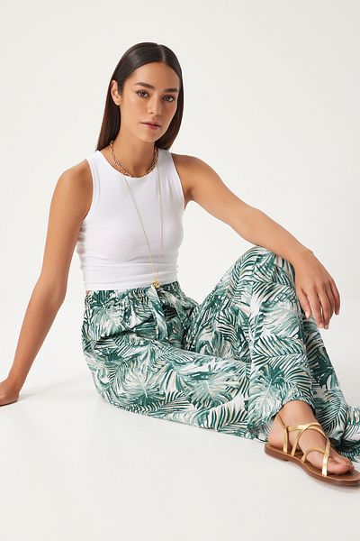 Happiness İstanbul Green Viscose Palazzo Trousers - Ecru Patterned, Flowy EN00606