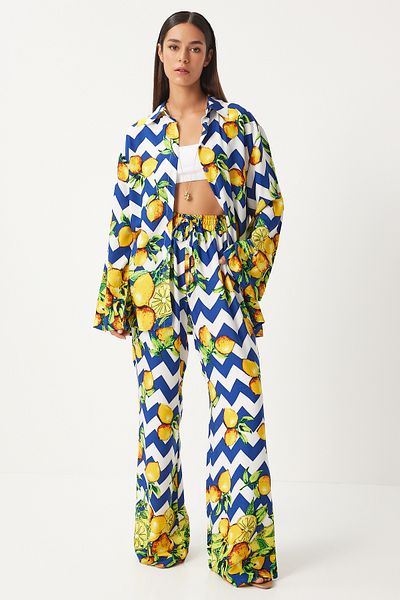 Happiness İstanbul Navy Blue Yellow Patterned Viscose Women's Set - Shirt and Trousers FN03222