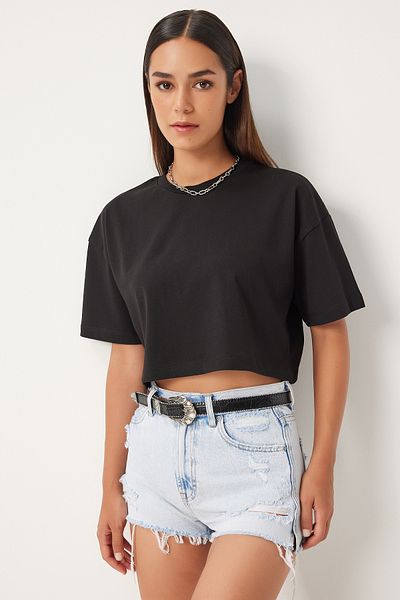 Happiness İstanbul Černé tričko Cotton Crop - Oversize, BP00164